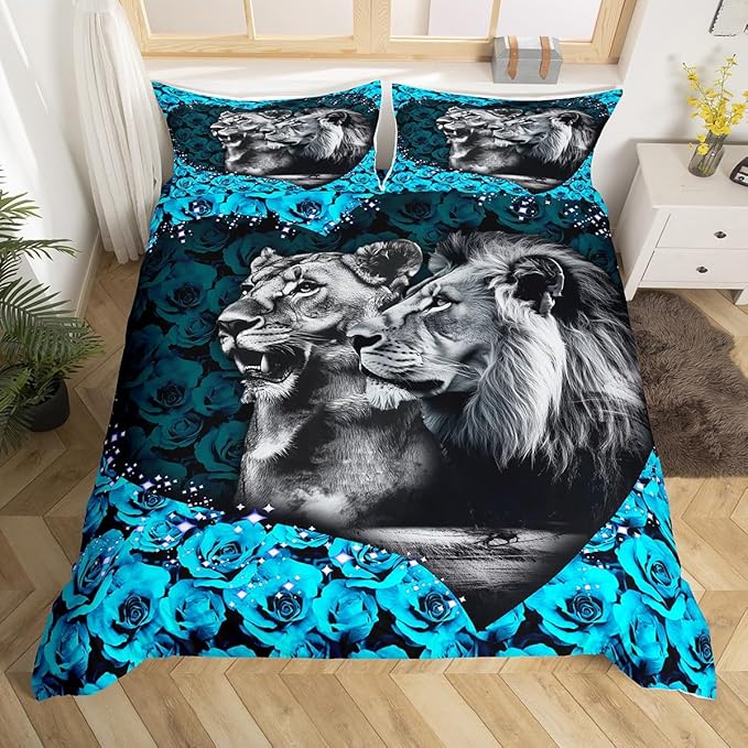 Lion Couple Bedding Set Queen Size,Heart Shape Wild African Animal Duvet Cover Set for Children Xmas Bedroom Present, Blue Rose Flowers Microfiber Comforter Cover with 2 Pillowcases, Soft