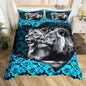 Castle Fairy Lion Couple Comforter Covet Full Size,Heart Shape Wild African Animal Duvet Cover with 2 Pillowcases,3 Piece,Blue Rose Flowers Polyester Bedding Set for Boys Teens Bedroom Decor
