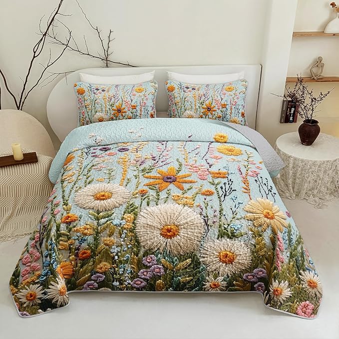 QOOMO Flower Quilt Set King Size,Floral Bedspread Coverlet Set,Embroidered Flower 3Pcs Bedding Set Printed Quilt with 2 Pillowcases,Soft and Lightweight,for All Seasons