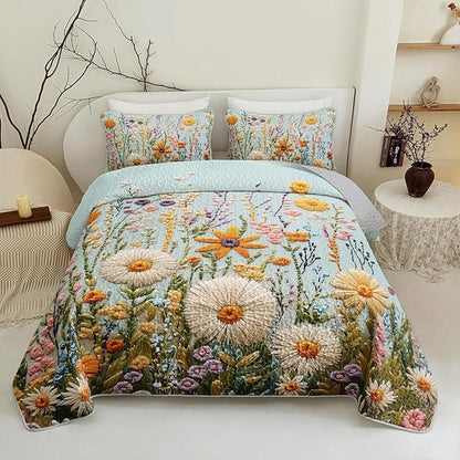 QOOMO Flower Quilt Set Twin Size,Floral Bedspread Coverlet Set,Embroidered Flower 3Pcs Bedding Set Printed Quilt with 2 Pillowcases,Soft and Lightweight,for All Seasons
