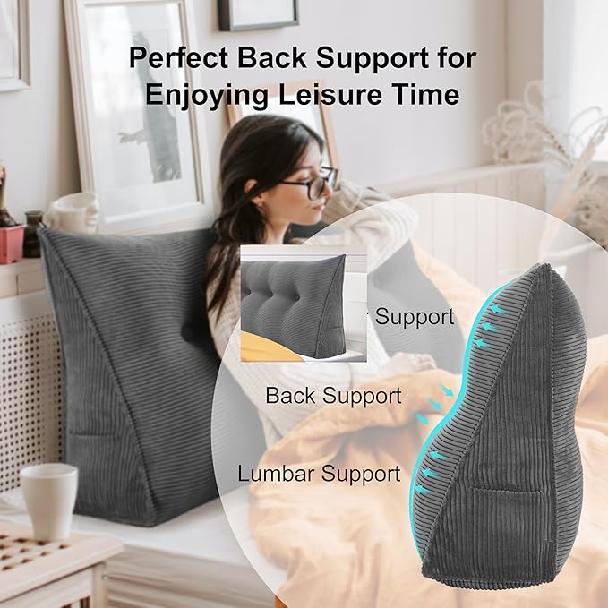 WOWMAX Headboard Wedge Pillow King Triangular Headboard Pillow Bed Wedge Pillow Bolster Pillow for Bed Daybed Pillows with Removable Cover, Corduroy(100% Cotton)