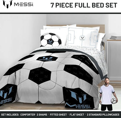 Jay Franco Kids Comforter Set Includes Sheets and Pillow Cover - Soft and Cozy Bed Set for Stylish Room Décor, White - Lionel Messi, 7 Piece Full