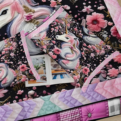 Unicorn Queen Size Comforter Set for Girls，Pink Unicorn Queen Size Bedding Set，Pink Floral Quilt Bed Set Queen，with 1 Comforter with 2 Pillow Case