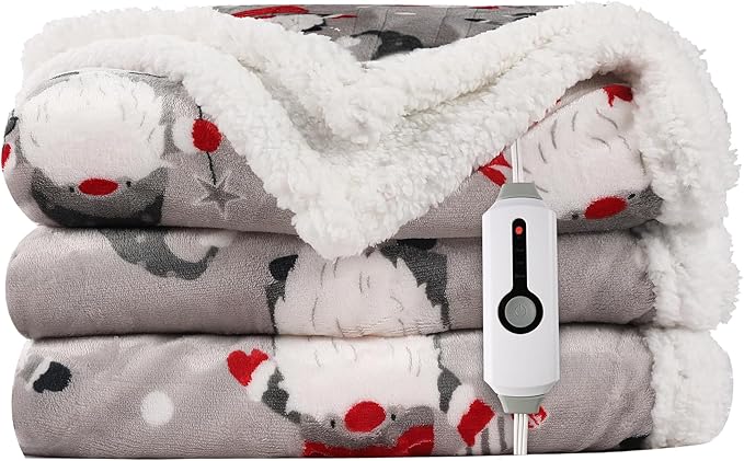 Electric Heated Blanket Throw Size - 50"x60", Soft Flannel Heating Blanket, 4 Heating Levels, 3 H Auto Shut Off, Breathable Warm and Washable for Sofa, Santa Claus for Christmas