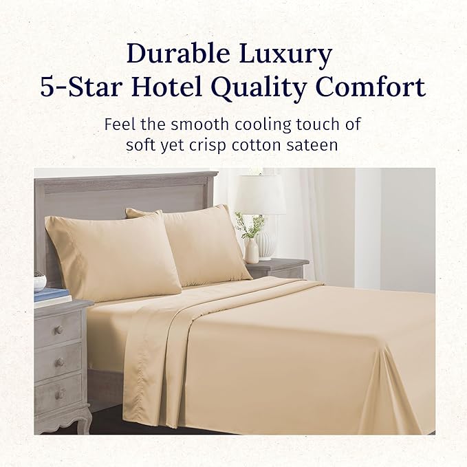 California Design Den Twin Bed Sheets 100% Cotton Sateen, 600 Thread Count, Soft, Cooling Twin Sheet Set, Hotel-Quality Bedding Sheets & Pillowcases (Golden Tan)