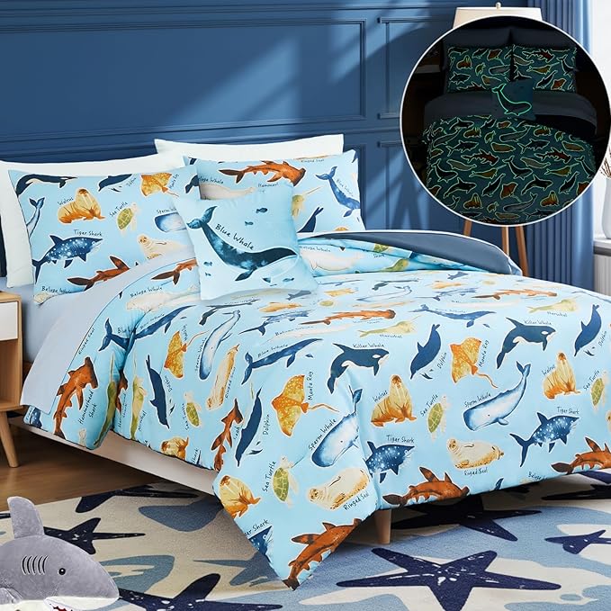 Kids Comforter Set Full Size for Boys, Glow in The Dark Sea World Bedding Set 1 Comforter, 1 Decor Pillow, 2 Pillow Shams