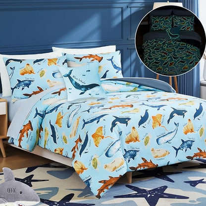 Kids Comforter Set Full Size for Boys, Glow in The Dark Sea World Bedding Set 1 Comforter, 1 Decor Pillow, 2 Pillow Shams