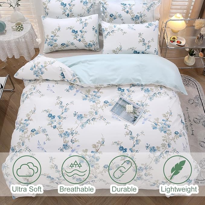 URBONUR Blue Floral Duvet Cover Set King Size 3 Pieces, 100% Cotton Duvet Cover with 2 Pillowcases, Soft & Breathable Bedding Sets with Button Corner Ties