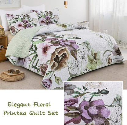 Floral Quilt Set King 3 Pieces Boho Green Quilt Coverlet Set Soft Microfiber Lightweight Green Floral Quilted Bedspread for All Season 104"x90"