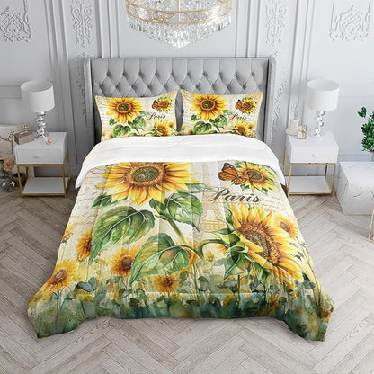 Yellow Sunflowers Comforter 3Pcs Full Butterfly Rustic Floral Pattern Bedding Set for Kid Teen Girl Boy Adult Room Decor Paris Eiffel Tower Postmark Quilt with 1 Comforter and 2 Pillowcases