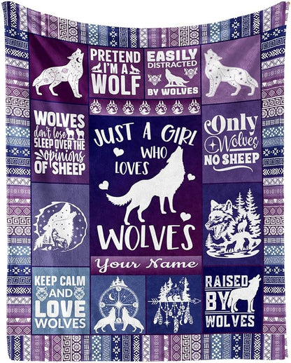 Custom Wolf Blanket with Name for Boys Girls, Personalized Cool Wolf Themed Design Printed Throw Blankets for Kids Lap, Chair, Giftable Blanket, 30"x 40"