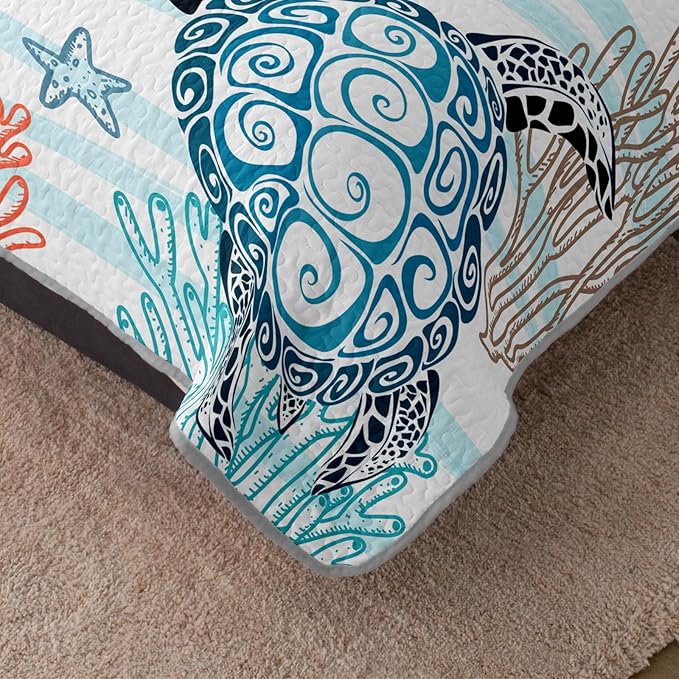 HOSIMA Sea Turtle Bedding Sets Full,Corals Jellyfish Starfish Pattern Lightweight Quilt,Ocean Themed Bedding for Beachy Room Decor Aesthetic with 2 Pillowcases.
