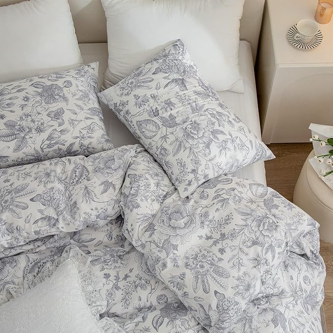 King Duvet Cover Floral, 100% Brushed Microfiber 3 Pieces King Bedding Sets, Vintage Flower Chic Garden Style Floral Pattern King Flower Duvet Cover with Zipper Closure