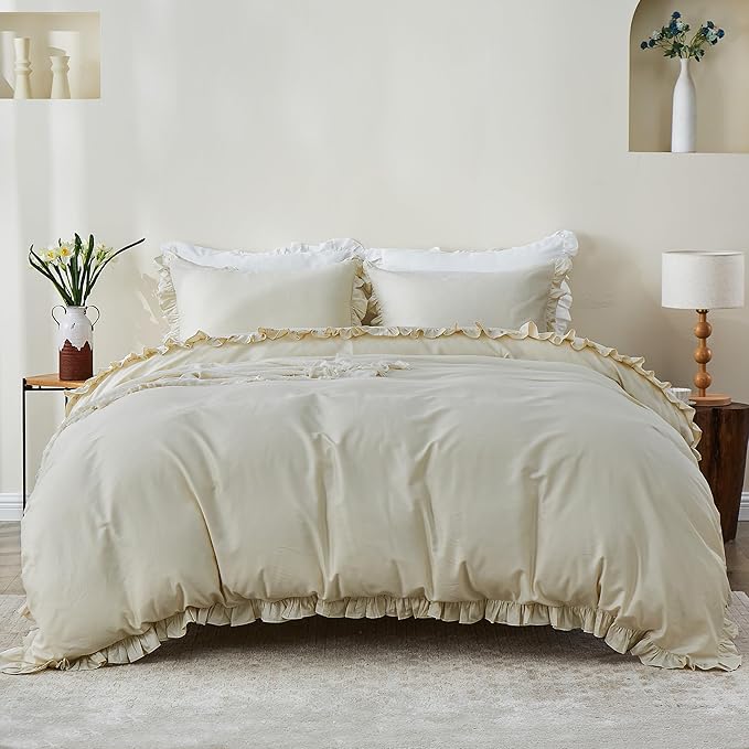 Simple&Opulence Kids 100% Organic Cotton Full Duvet Cover Ruffle 3Pcs(1 Comforter Cover 2 Pillowcases) Cute Lace Vintage Boho Shabby Chic Farmhouse Bedding Set Teen Girls(Beige, Full)