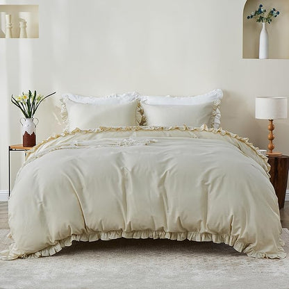 Simple&Opulence Kids 100% Organic Cotton King Duvet Cover Ruffle 3Pcs(1 Comforter Cover 2 Pillowcases) Cute Lace Vintage Boho Shabby Chic Farmhouse Bedding Set Teen Girls(Beige, King)