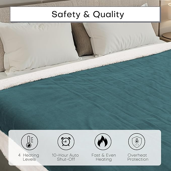 Electric Heated Blanket Twin Size 62"x84" - Dual-Sided with Microplush & Sherpa Fabric, 4 Heat Settings & 10 Hours Auto Off, Machine Washable - Teal Green