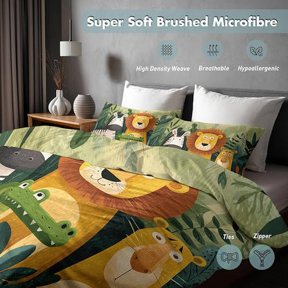 Jungle Animal Duvet Cover Twin Size, Kids Boys Girls Bedding Set 3 Pcs (2 Pillow Shams), Super Soft Microfiber Bedroom Decor, Zipper & Ties CSXQ1245