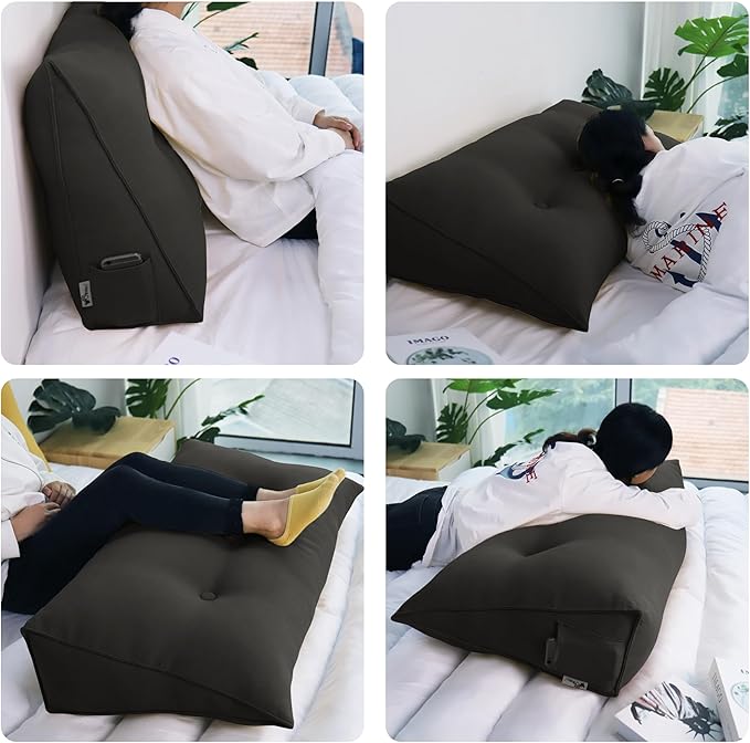 WOWMAX 85% Linen 15% Cotton Blend Headboard Pillow – California King Size Reading Wedge Backrest for Bed, Handmade Firm Support Bolster Cushion with Removable Cover, Premium Bed Rest Pillow, Deep Gray
