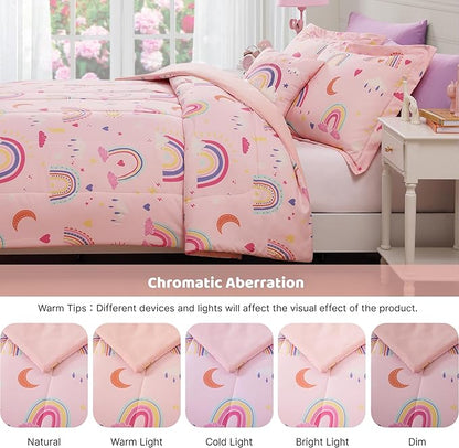Full Size Comforter Set for Girls-4 Pieces Pink Rainbow Glow in The Dark Full Bedding Sets for Kids, 1 Comforter, 2 Shams and 1 Decor Pillow