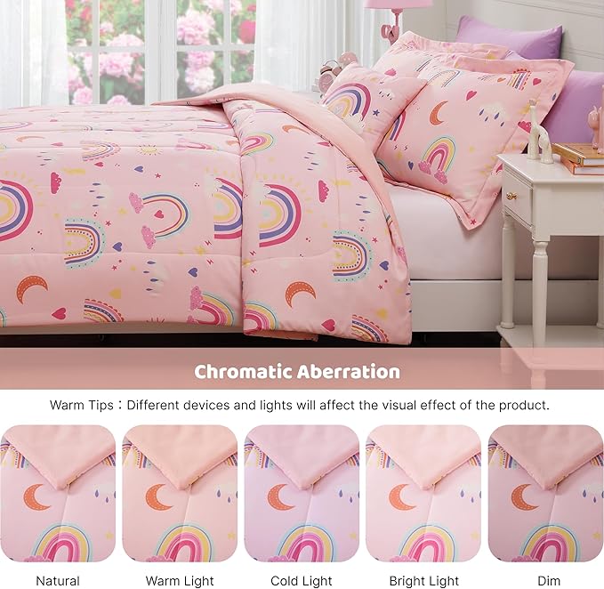 Glow in The Dark Twin Size Comforter Set for Girls, Pink Rainbow Bedding Set for Kids 1 Comforter, 1 Decor Pillow, 1 Pillow Sham