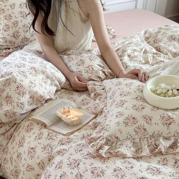BuLuTu Pink Floral Theme Duvet Cover Twin for Girls Quilt Cover Shabby Chic Ruffled Princess Comforter Cover, Soft Breathable Muslin Cotton Bedding, Bedroom Decor, Pink Poeny Pattern