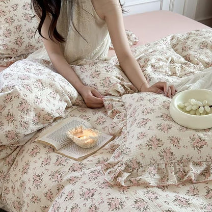BuLuTu Pink Floral Theme Duvet Cover Twin for Girls Quilt Cover Shabby Chic Ruffled Princess Comforter Cover, Soft Breathable Muslin Cotton Bedding, Bedroom Decor, Pink Poeny Pattern