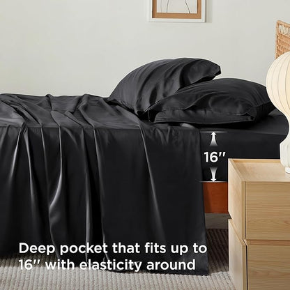 Bedsure Full Size Bed Sheets, Cooling Sheets, Rayon Derived from Bamboo, Breathable & Soft, Deep Pocket Up to 16 Inches, Hotel Luxury Silky Bedding for Hot Sleepers, Black