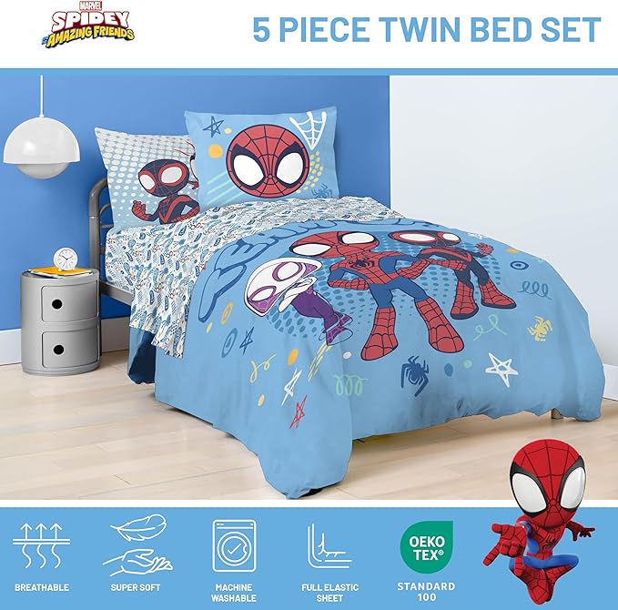 Jay Franco Kids Comforter Set Includes Sheets and Pillow Covers - Soft and Cozy Bed Set for Stylish Room Decor, Light Blue - Spidey & His Amazing Friends, 5 Piece Twin Bedding