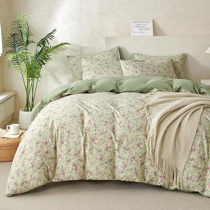 Queen Floral Duvet Cover Luxury Soft Brushed Microfiber Crinkle Gauze Fabric 3 Pieces Bedding Set Flower Pattern Queen Duvet Cover with Zipper Closure Breathable Comfy