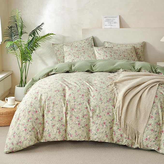 King Duvet Cover Floral Luxury Soft Brushed Microfiber Crinkle Gauze Fabric 3 Pieces Bedding Set Flower Pattern Duvet Cover King with Zipper Closure Breathable Comfy