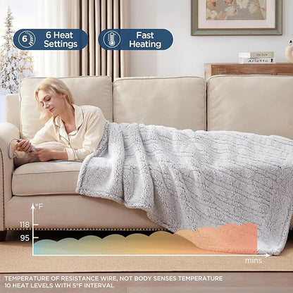 Westinghouse Electric Blanket Throw Size, Soft Plush Sherpa Heated Blanket with 6 Heating Levels & 2-10 Hours Auto-Off, Machine Washable, 50x60 inches, Grey