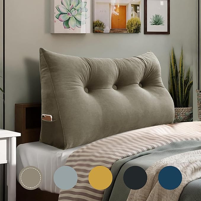 WOWMAX 100% Cotton Velvet Headboard Pillow – Twin Size Wedge Back Support Reading Bolster for Bed & Daybed, Handmade Firm Support Cushion with Removable Cover, Soft Luxury Bed Rest Pillow, Beige Gray