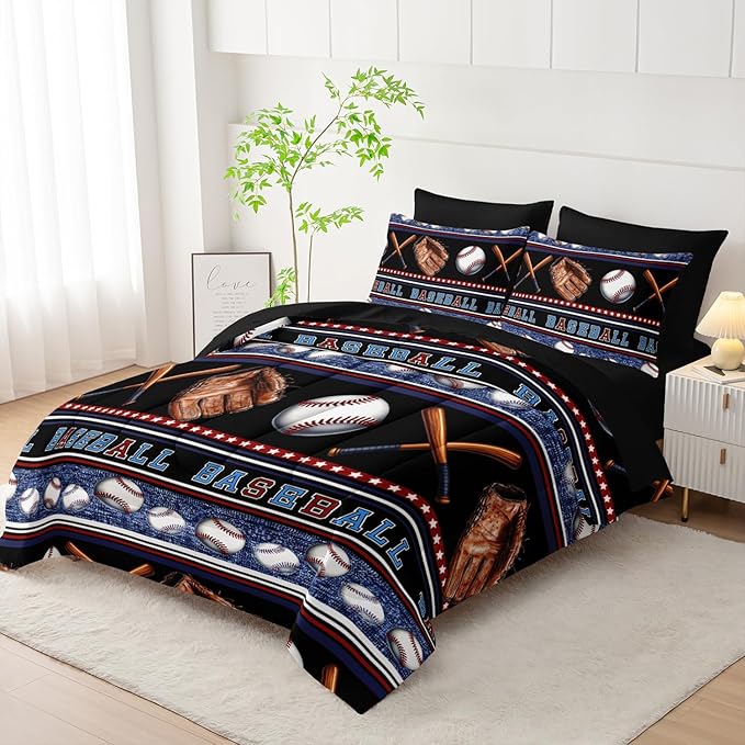 Baseball Sports Comforter 7Pcs Sneaker Baseball Gloves Bedding Set for Kid Teen Girl Boy Adult Sport Games Geometric Lines Quilt Bed Set Twin with 2 Sheets,2 Pillowcases,2 Throw Pillow Covers