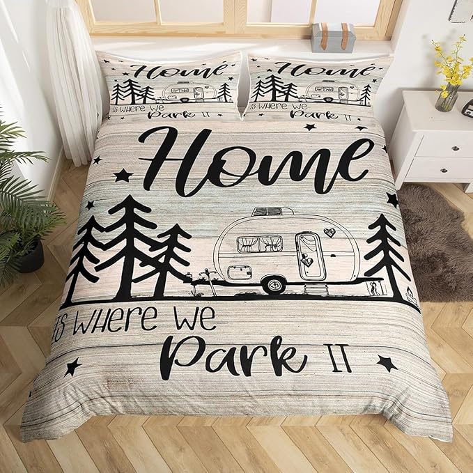 RV Happy Camping Bedding Set Queen Size,Home is Where We Park It Duvet Cover Set for Children Bedroom Present, Rustic Farm Camping Lovers Microfiber Comforter Cover with 2 Pillowcases