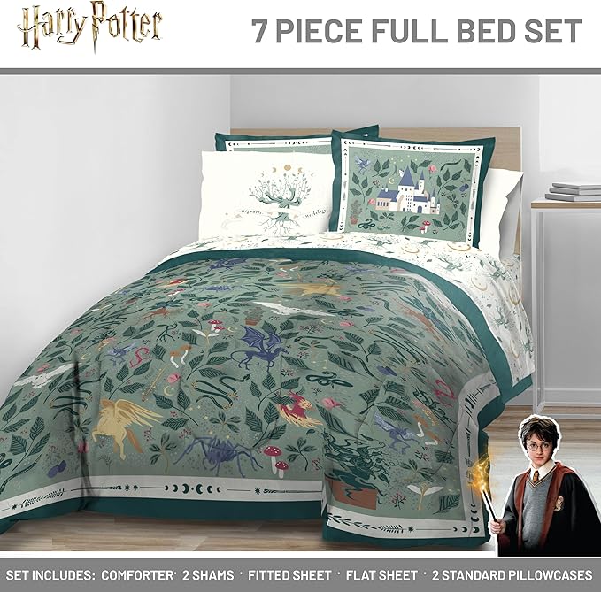 Jay Franco Kids Comforter Set Includes Sheets and Pillow Covers - Soft and Cozy Bed Set for Stylish Room Decor, Official Licensed Product, Green - Harry Potter, 7 Piece Full