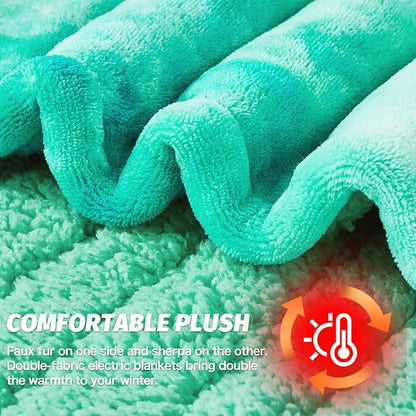 greenoak Heated Electric Blanket Throw, Faux Fur Sherpa Heating Blanket for Sofa Bed, Warm Winter Gifts for Women/Her, Heater Lap Blankets 5-Position Timer &10 Heating Levels 72''*84" Aqua