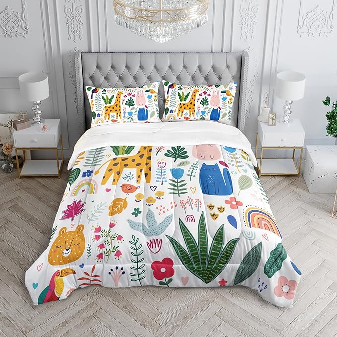 Kids Cute Cat Comforter Set Full Size 3Pcs Cartoon Pet Rainbow Giraffe Fishing Bedding Set Lovely Animal Parrot Flower Quilt Bed Set for Children Girls Boys Room Decor
