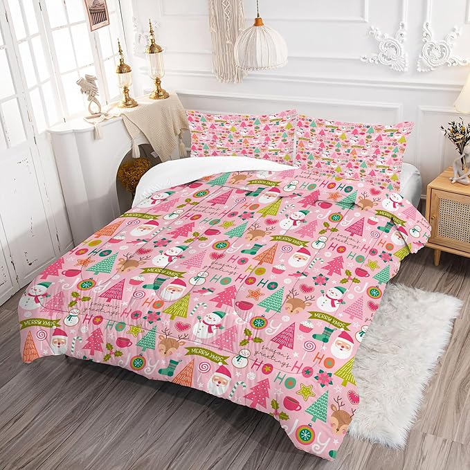 Comforter Set Pink Christmas: King Size Merry Xmas Snowman Bedding Sets Cute Santa Claus Green Christmas Tree Pine Elk Quilts New Year Decor Bed Set 1 Comforter & 2 Pillowcases