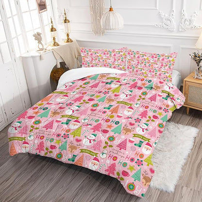 Comforter Set Pink Christmas: King Size Merry Xmas Snowman Bedding Sets Cute Santa Claus Green Christmas Tree Pine Elk Quilts New Year Decor Bed Set 1 Comforter & 2 Pillowcases