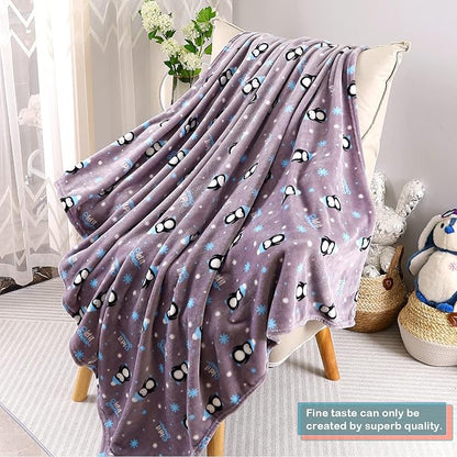 Warm Soft Toddler Fleece Blankets for Boys & Girls with Cartoon Penguin Pattern Print - Cozy Fuzzy Plush Flannel Kids Throw Blanket for Daycare & School - 50x60 inches (Grey)