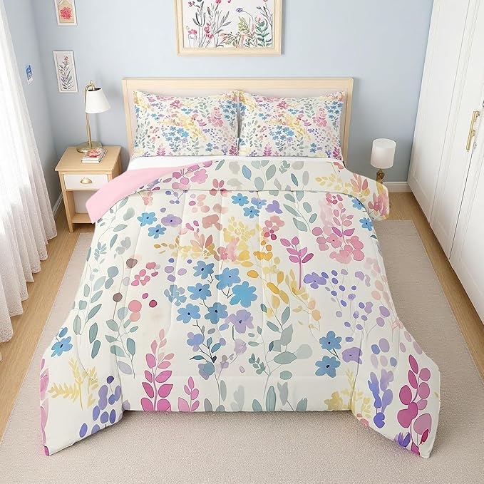 Erosebridal Colorful Flower Comforter Set King Size,Cute Boho Blue Floral Bedding Set for Kids Girls Boys Room Decor,Rustic Wildflower Quilt Bed Set Watercolor Flowers Bed Comforter Set 3Pcs