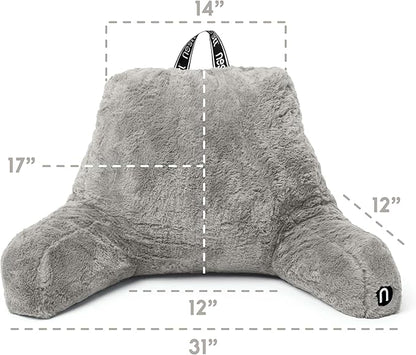 Nestl Fur Reading Pillow, Stylish Back Pillow for Bed Sitting Up, Faux Fur Bed Chair Pillow with Arms, Reading Pillows for Sitting in Bed Adult & Kids, Sit Up Back Support Pillow for Bed Rest - Grey