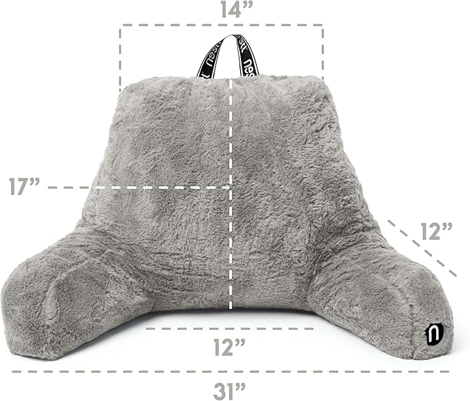 Nestl Fur Reading Pillow with Shredded Memory Foam, Stylish Back Pillow for Bed Sitting Up, Faux Fur Reading Pillows for Sitting in Bed Adult & Kids, Sit Up Back Support Pillow with Arms - Dark Grey