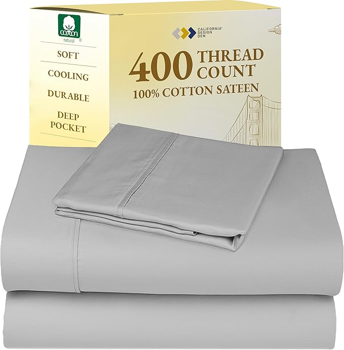 California Design Den Natural 100% Cotton Sheets, Twin XL Sheets Set, 400 Thread Count Sateen Bedding for Dorm Rooms & Adults, Deep Pockets, Durable - Light Grey