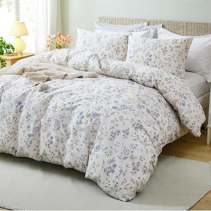 Floral Duvet Cover Set King Size 100% Cotton Green Floral Comforter Cover 3 Pcs Lightweight Soft Aesthetic Floral Bedding Sets