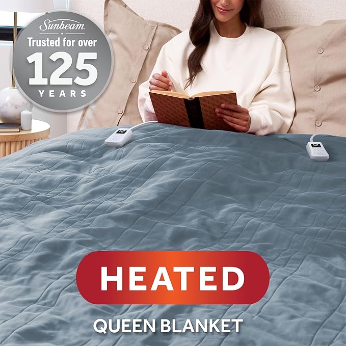 Sunbeam Electric Royal Luxe Microplush Heated Blanket, 12 Heat Settings, 12-Hour Auto Shut-Off, Fast Heating, Warm and Cozy, Cadet Blue Color, Queen (90" x 84")