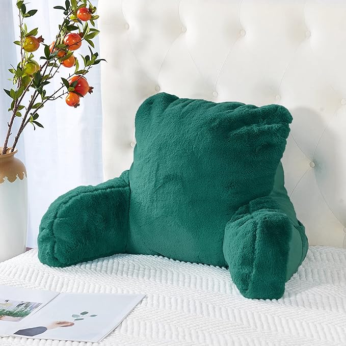 Plush Faux Fur Backrest Reading Bed Rest Pillow with Arms and Pockets for Sitting in Bed Couch Sofa, Back Support Wedge Cushion with Removable Cover, 20" x 18" x 17", Teal Green