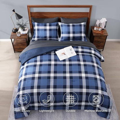MaiRêve Queen Size Plaid Comforter Set Indigo Blue, Classic Checkered 7 Pieces Farmhouse Bedding Set, All Season Lightweight Bed in A Bag with Sheets, Pillowcases & Shams