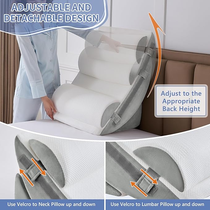 9PCS Wedge Pillow Set for After Surgery Recovery, Adjustable Memory Foam Neck Pillow, Foam Leg Pillow, Relieves Neck, Leg Pain, Sleep Apnea, and Functions as a Reading Pillow, Gray