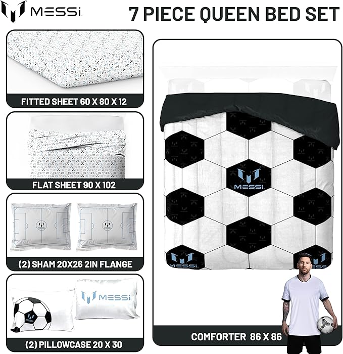 Jay Franco Kids Comforter Set Includes Sheets and Pillow Cover - Soft and Cozy Bed Set for Stylish Room Décor, White - Lionel Messi, 7 Piece Queen